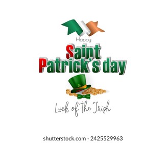 Diseño de vacaciones, fondo con textos de escritura a mano, sombrero verde con cinta naranja y monedas de oro para la celebración del día de San Patricio. Ilustración de vector