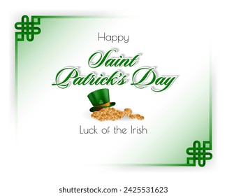 Holiday design, background with handwriting texts, green hat with orange ribbon and gold coins for St. Patrick's day celebration. Vector illustration