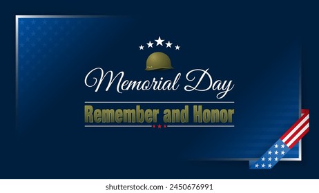 Holiday design, background with handwriting texts, army helmet and national flag colors for Memorial day event celebration; Vector illustration
