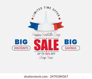 Holiday design, background with handwriting texts and national flag colors for Bastille day, sales and commercial events; Vector illustration.