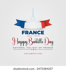 Holiday design, background with handwriting texts, shape of the eiffel tower and national flag colors for 14th of July, Bastille day, France national holiday celebration; Vector illustration.