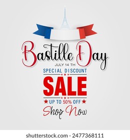 Holiday design, background with handwriting texts, the shape of the Eiffel Tower and national flag colors for Bastille day, sales and commercial events; Vector illustration.