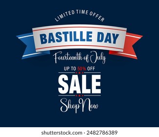 Holiday design, background with handwriting texts and national flag colors for Bastille day, sales and commercial events; Vector illustration.