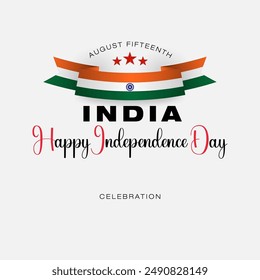 Holiday design, background with handwriting texts, spinning wheel and national flag colors for August fifteenth, India Independence day, celebration; Vector illustration.