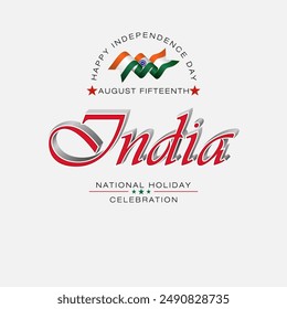 Festliche Musik Design, Hintergrund mit Handschrifttexten, Spinnrad und Nationalflaggenfarben für den fünfzehnten August, Indien Independence Day, Feier; Vektorillustration.