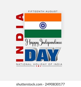 Holiday design, background with handwriting texts, spinning wheel and national flag colors for August fifteenth, India Independence day, celebration; Vector illustration.