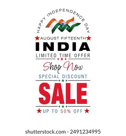 Holiday design, background with handwriting texts and national flag colors for August fifteenth, India Independence day, sales and commercial events; Vector illustration.