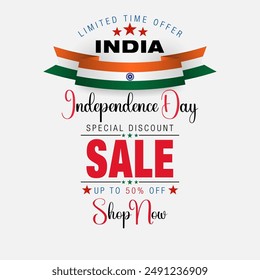 Diseño de Festiva, fondo con textos de escritura a mano y colores de la bandera nacional para el 15 de agosto, Día de la Independencia de la India, ventas y eventos comerciales; Ilustración vectorial.