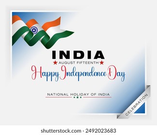 Holiday design, background with handwriting texts, spinning wheel and national flag colors for August fifteenth, India Independence day, celebration; Vector illustration.