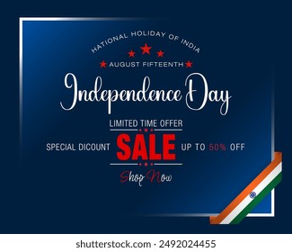 Holiday design, background with handwriting texts and national flag colors for August fifteenth, India Independence day, sales and commercial events; Vector illustration.