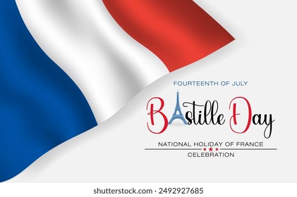 Holiday design, background with handwriting texts and national flag colors for 14th of July, Bastille day, France national holiday celebration; Vector illustration.