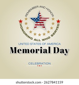 Holiday design, background with texts, military badge and national flag colors for Memorial day event celebration; Vector illustration.