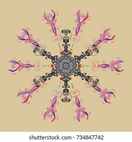 Holiday design for Christmas and New Year fashion prints. Beige, gray and violet snowflakes. Beige, gray and violet colors. Vector illustration. Christmas pattern with snowflakes abstract background.