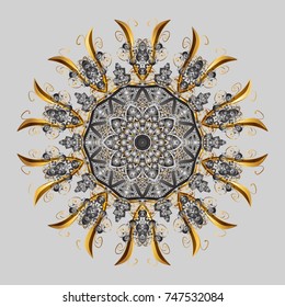 Holiday design for Christmas, New Year fashion prints. Christmas background with snowflakes abstract background. Cute design. Vector illustration. Gray, brown and yellow snowflakes.