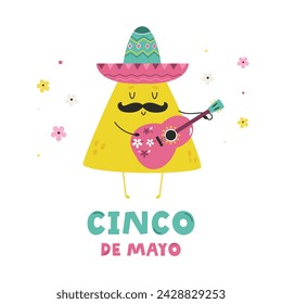 Holiday design for Cinco de Mayo with funny nachos in sombrero playing the guitar.