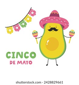 Holiday design for Cinco de Mayo with funny avocado dancing with maracas.