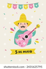 Holiday design for Cinco de Mayo with funny guitarist with moustache in sombrero. Party, festival invitation template