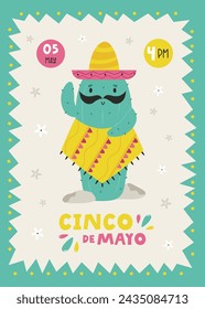 Holiday design for Cinco de Mayo with funny cactus in sombrero playing the guitar. Party invitation template