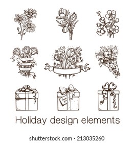 Holiday design elements. Presents and flowers sketch collection. Eps 10 vector illustration