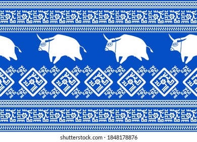 Сhristmas Holiday Design. Ikat Seamless Pattern with bull. Chevron Brush pattern. Geometric Hand Drawn Textile Ornate.