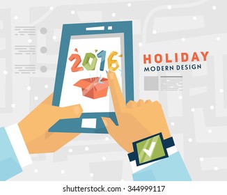 Holiday Design with New Year Gift. Mobile Technologies. Touch Screen with Hands. Modern Flat Style.