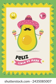 Holiday design, party template for Cinco de Mayo with funny avocado dancing with maracas.