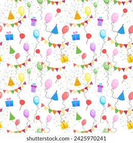 Patrón de diseño de vacaciones, fondo para invitación de cumpleaños con globos confeti dulces, decoración de vacaciones original. Ilustración brillante del vector.