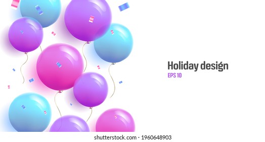 Holiday Design Poster Background With Round 3d Ballons And Confetti In Cool Soft Colors, Blue And Puple On White Backdrop