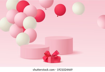 Holiday design template. Festive background with   red and white balloon, gift box and empty pink round podium. Vector stock illustration.