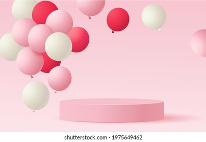 Holiday design template. Festive background with pink, red and white flying balloon and empty pink round podium. Vector stock illustration.	