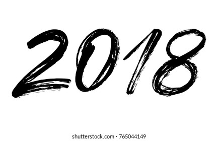 Plantilla de diseño de vacaciones. Tarjeta de saludo con letras dibujadas a mano con caligrafía con letras de pincel para el Año Nuevo Feliz 2018. Grunge Vector ilustración/ Texto negro sobre fondo blanco