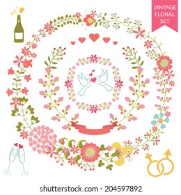 Holiday design template set  in Retro style with floral wreath,icons, ribbon. For Wedding  or Valentine day invitation, postcard, greeting card, cover.Festive celebration vector.