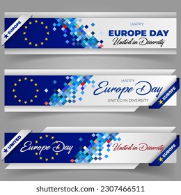 Holiday design of web banners background with handwriting texts with flag of the European Union for Europe day event celebration