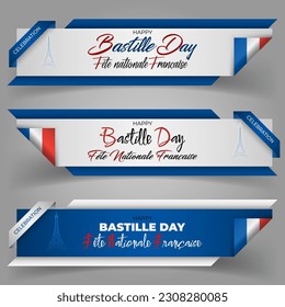 Holiday design of web banners background with handwriting texts and flag of France for national day, Bastille day, event celebration