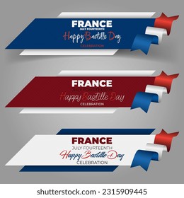 Holiday design of web banners background with handwriting texts and flag of France for national day, Bastille day, event celebration; Vector illustration