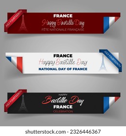 Diseño navideño de banners web con textos de escritura a mano y bandera de Francia para el día nacional, Día de la Bastilla, celebración del evento; Ilustración del vector