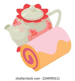 Holiday dessert icon isometric vector. Porcelain teapot and fruit biscuit roll. Dessert and tea drink