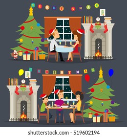 holiday dinner with the family. family celebrating new year at a table with treats. vector illustration.