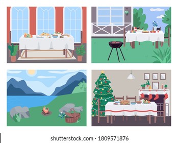 Holiday dinner flat color vector illustration set. Yard bbq. Picnic on lawn. Recreational activity for family bonding 2D cartoon scene with interior and landscape on background collection
