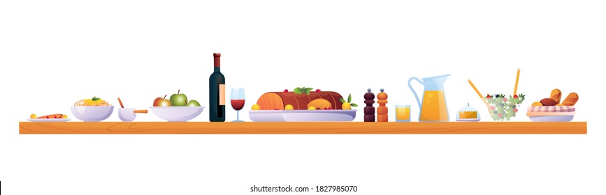 Holiday dinner on Christmas or Thanksgiving day isolated food and drinks on wooden table. Vector red wine in glass, apple fruits,ham meat of pork or lamb, jug of juice and salt with pepper species