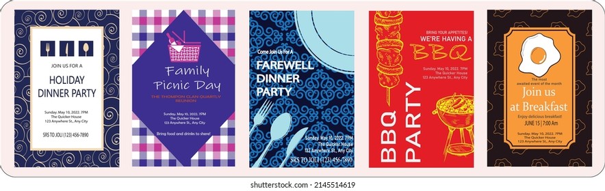 holiday dinner party, family picnic day, farewell dinner party, BBQ party, breakfast templates posters. Vector templates for stories. Vector illustration for dinner and invitation with sample text