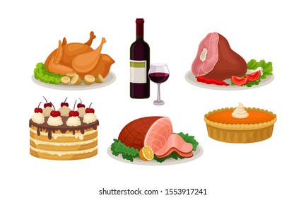 Holiday Dinner Table, Thanksgiving Day, Christmas Or Birthday Party Vector Illustration Set Isolated On White Background