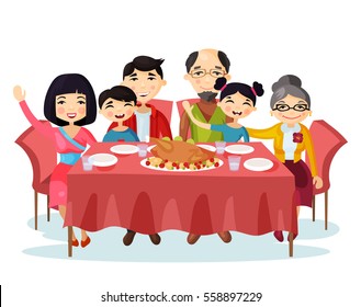 Holiday dinner with turkey of cartoon family. Kids or children with parents sitting at table during celebration or holiday eating food. Portrait of relatives with father and mother, sister and brother