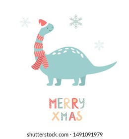 Holiday dino with Santa hats. Hand drawn seasonal card