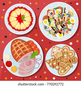 Holiday dishes. Gingerbread cookie, ham, pudding, salad with tomatoes, eggs with olives pepper, mushrooms and shrimps. Vector illustration.
