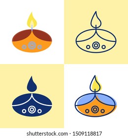 Holiday Diwali candle icon set in flat and line style. Bright light source with burning flame. Traditional decor. Vector illustration.