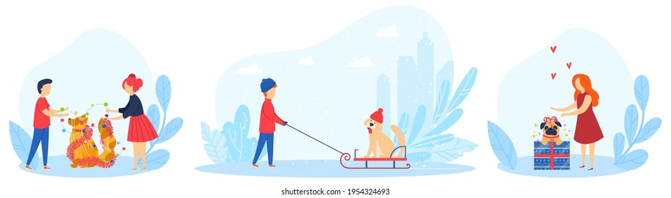Holiday dog, gift favorite pet, animal background, sledding together, cute baby, design, in style cartoon vector illustration.