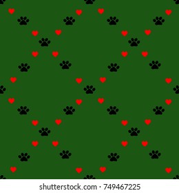 Holiday dog paws background with hearts. Paw prints are in a diamond pattern over a green background. Useful for holiday and Christmas projects. Seamless repeating vector pattern.