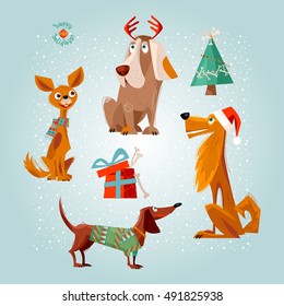 Holiday for dogs. Four dogs and gift box with bones. Christmas greeting card. Vector illustration.