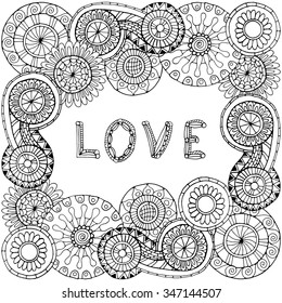 Holiday doodle background. Light paper heart Valentines day card with sign on ornate pattern. Template greeting card or invitation. Love.